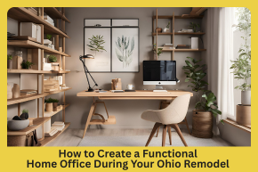 Modern home office with wooden desk, computer, shelves with books, and large window with natural light.