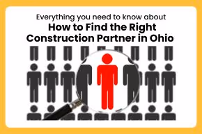 Graphic showing a magnifying glass highlighting a red figure among gray silhouettes with the text 'Everything you need to know about How to Find the Right Construction Partner in Ohio.'