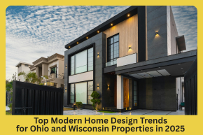 Modern two-story house with large windows and exterior lighting under a blue sky with clouds.